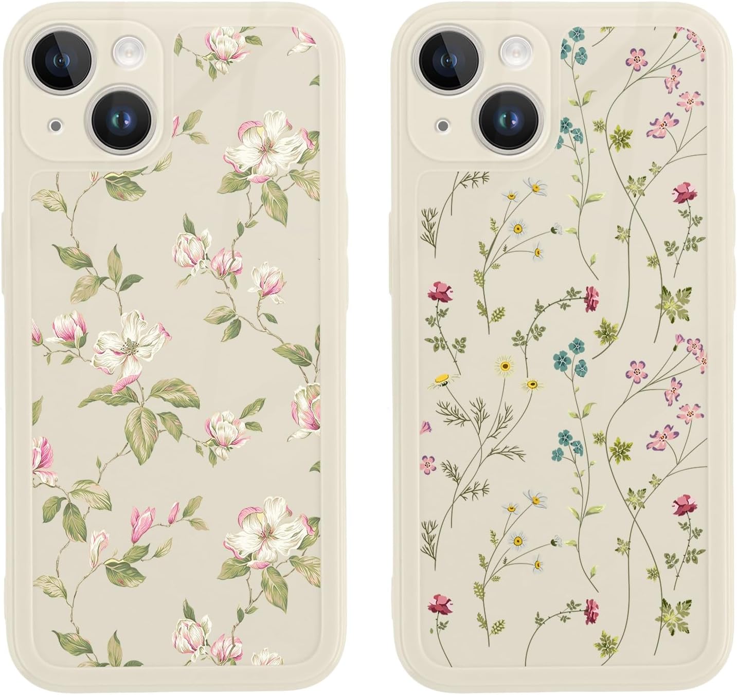 Paquete de 2 fundas de teléfono con estampado de flores retro para Apple iPhone 14 de 6.1 pulgadas, carcasa de silicona suave TPU diseño floral a la