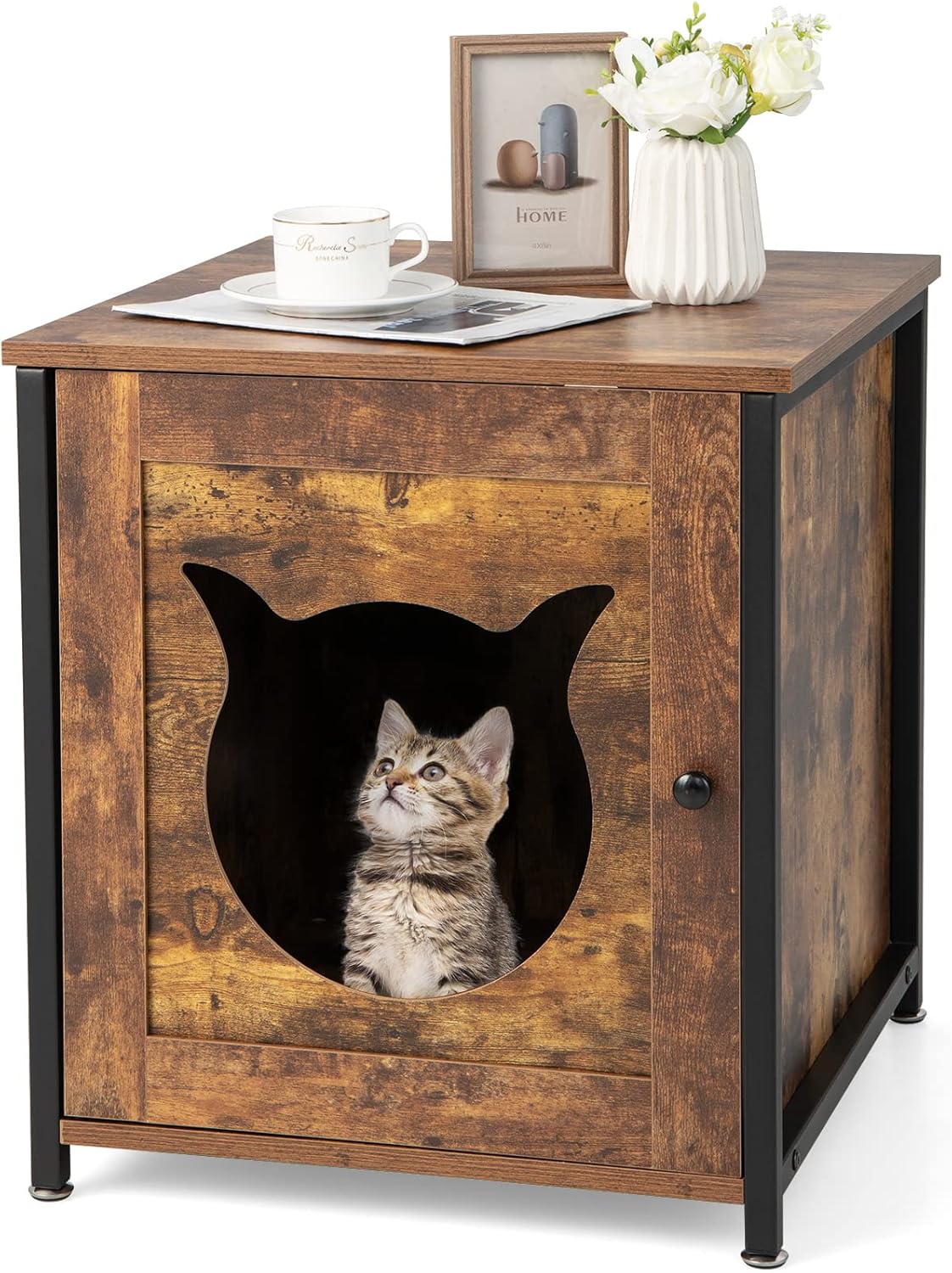 PETSITE Caja de arena, gabinete de baño para gatos con marco de metal, mesa auxiliar cerrada para gatos, mesita de noche, caja de arena oculta,