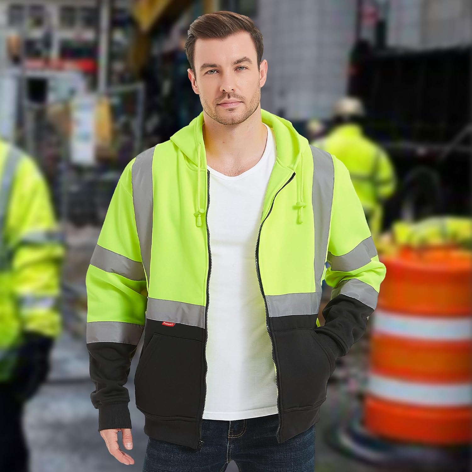 ProtectX Sudadera de seguridad de alta visibilidad clase 3 para hombre, sudadera reflectante con bolsillo grande para construcción y trabajo
