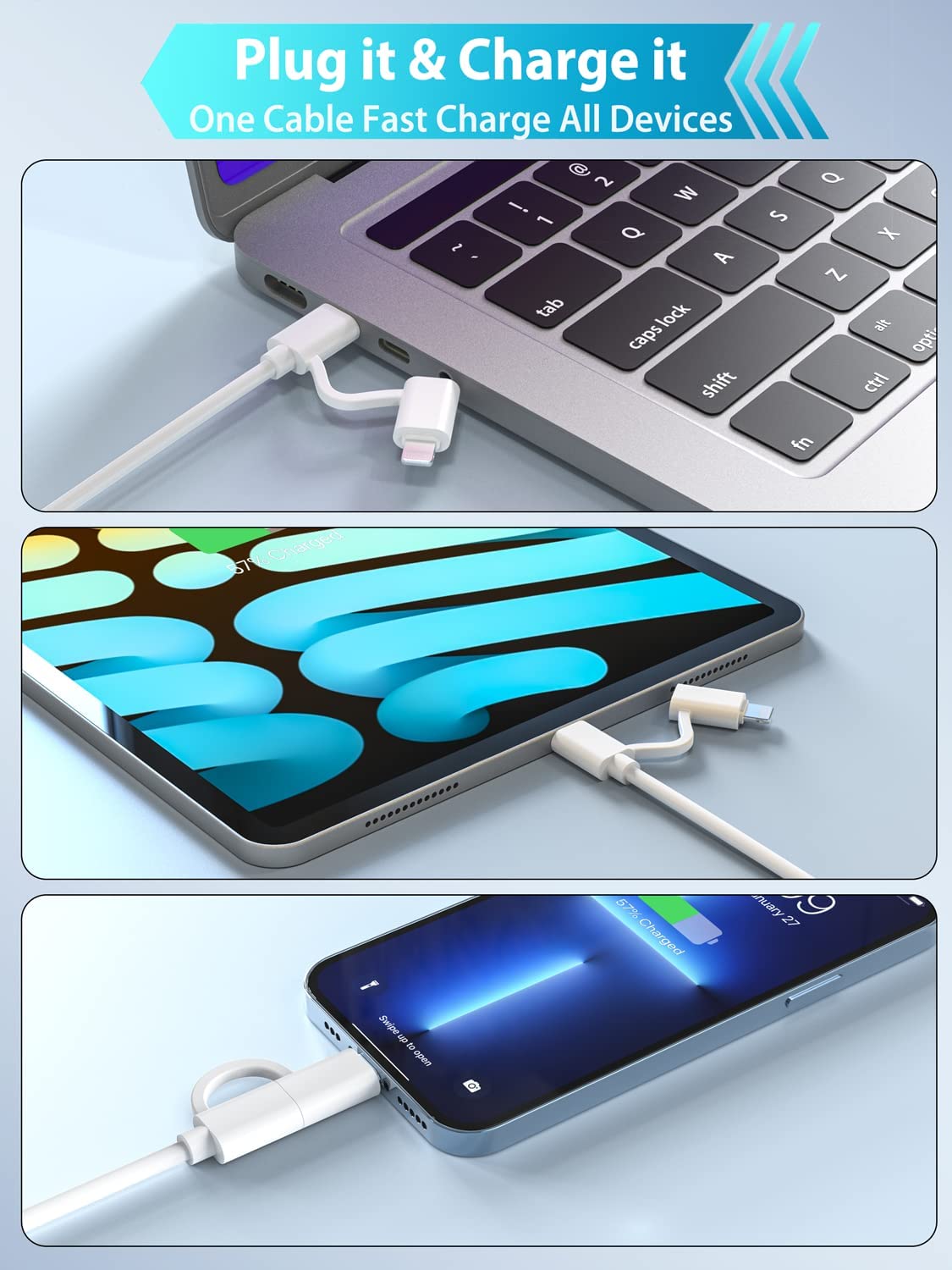 Quntis Cable USB C a CLightning 2 en 1, paquete de 2 cables de carga múltiple USB C de 6.6 pies para iPhone 15 certificado MFi, cable de carga