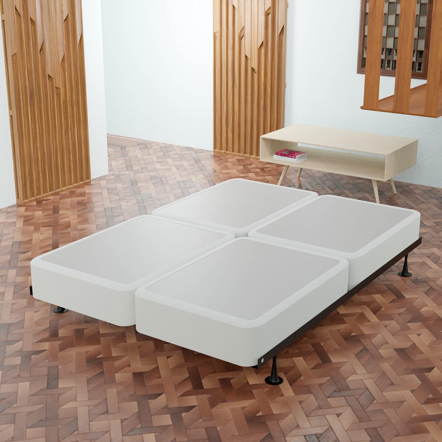 Somier resistente de 8 pulgadas para soporte de colchón, duradero y totalmente montado, base de madera natural para Queen (plegado), color blanco