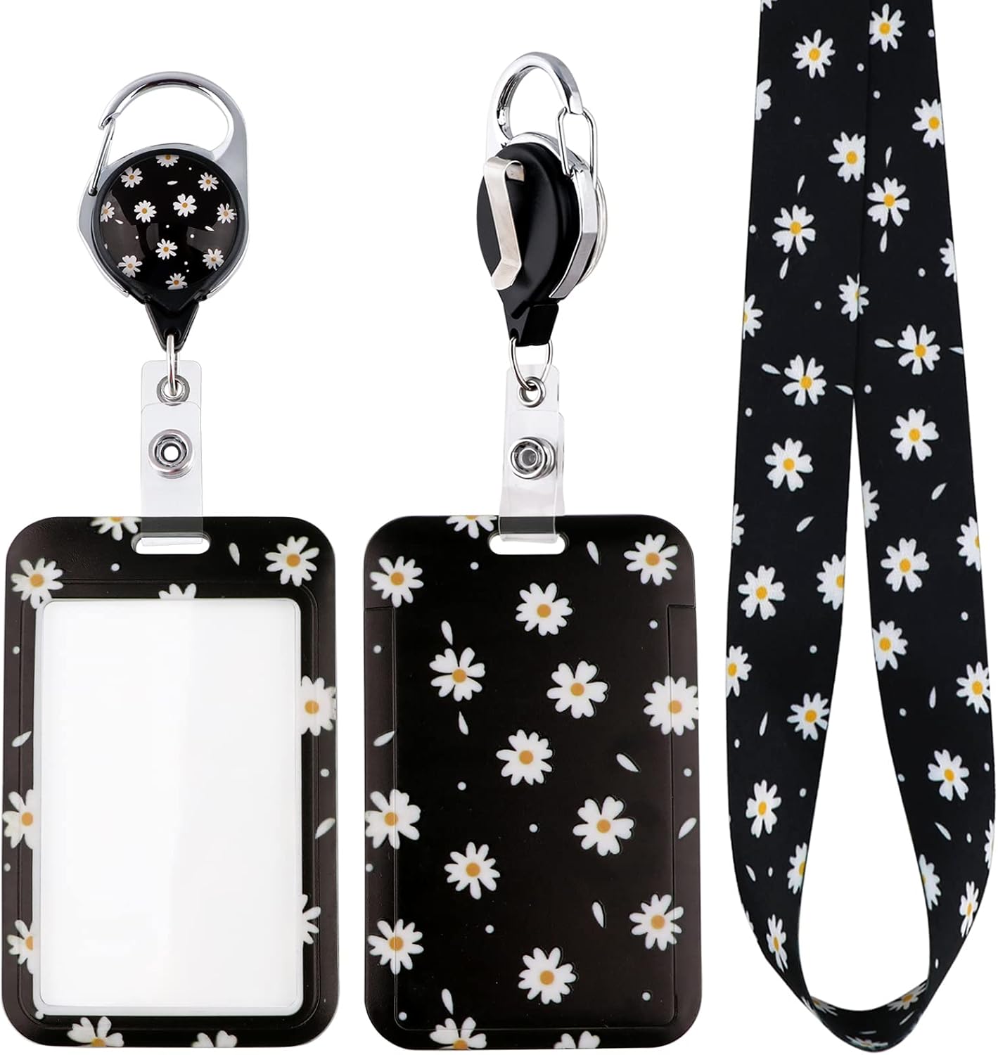 Cordón de identificación de margaritas negras y clip retráctil para carrete de insignia, bonito cordón blanco para mujeres, niñas, profesores, para