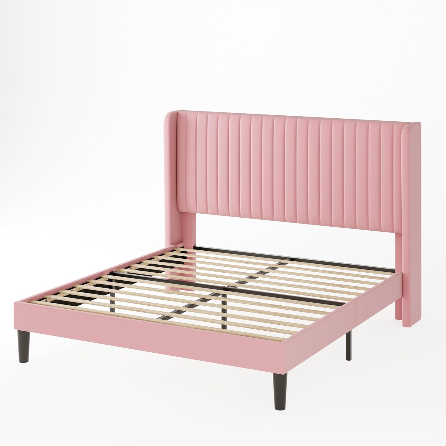 Allewie Marco de cama de terciopelo de tamaño matrimonial, cabecera capitoné vertical con respaldo de alas, plataforma tapizada, listones de madera