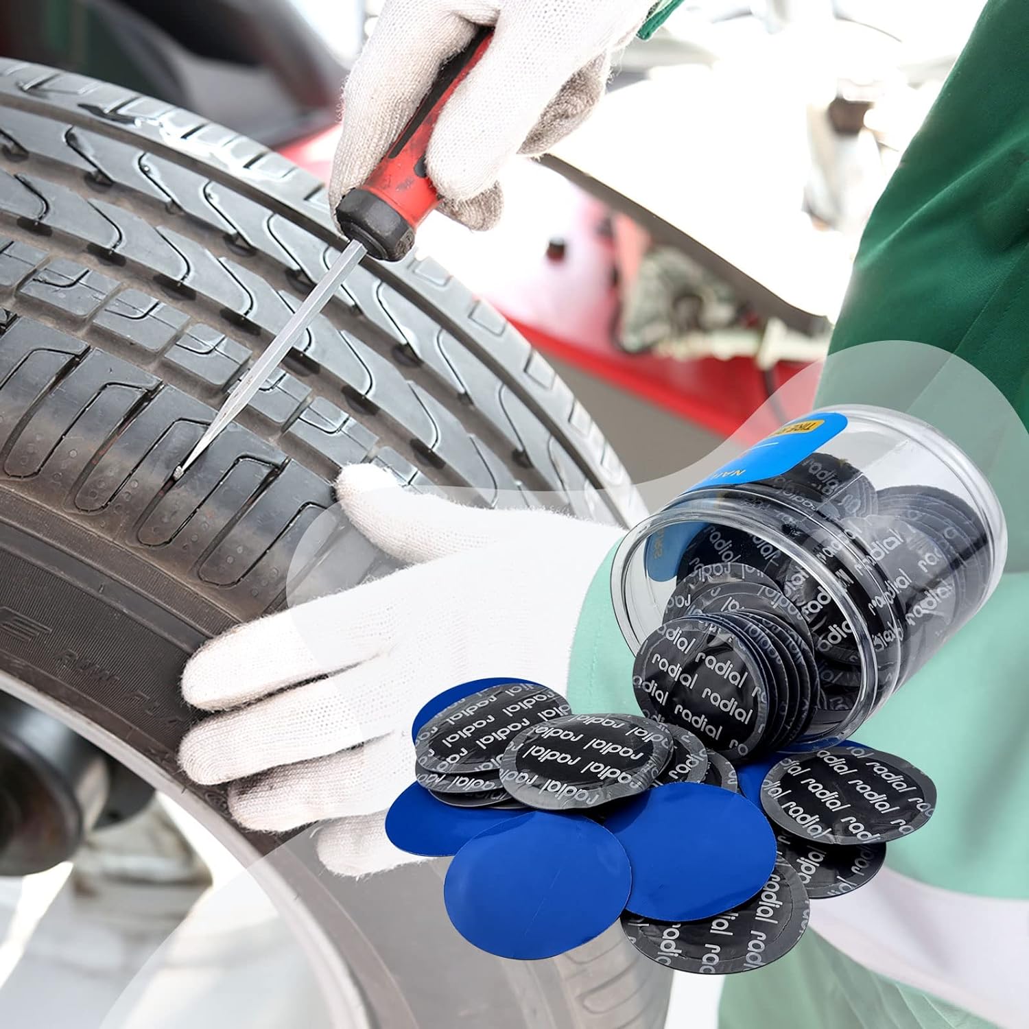 Flylin Parche de reparación de neumáticos, 80 piezas de 2.283 in redondos universales para neumáticos y tubos, parches fríos sin cámara, parches