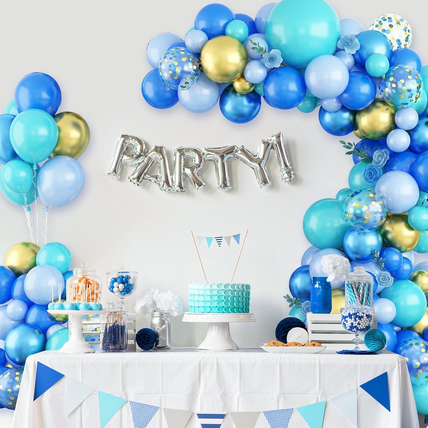Kit de arco de globos de color azul y dorado, kit de arco de guirnalda de globos de confeti azul cromado y dorado para decoración de baby shower,