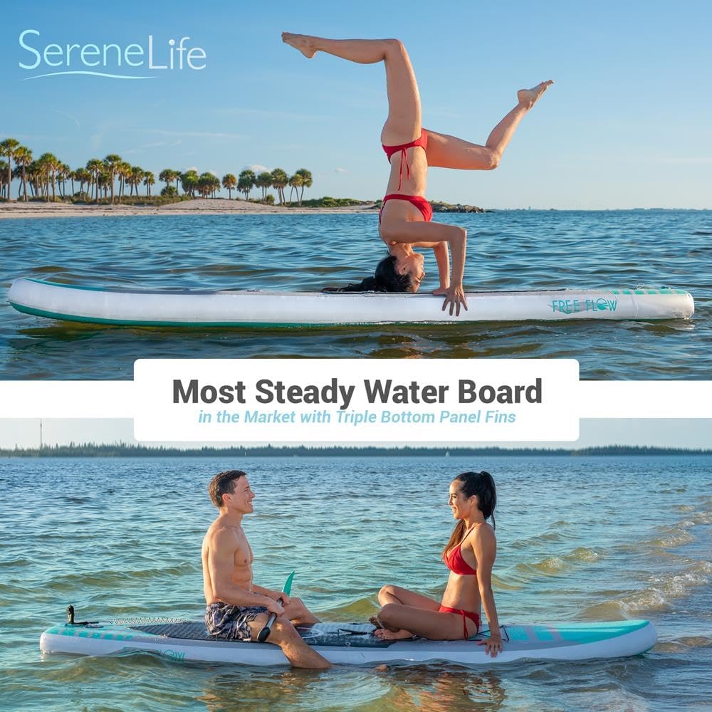 SereneLife Tabla de remo inflable (6 pulgadas de grosor) con accesorios de SUP premium y bolsa de transporte  Posición amplia, aleta inferior para