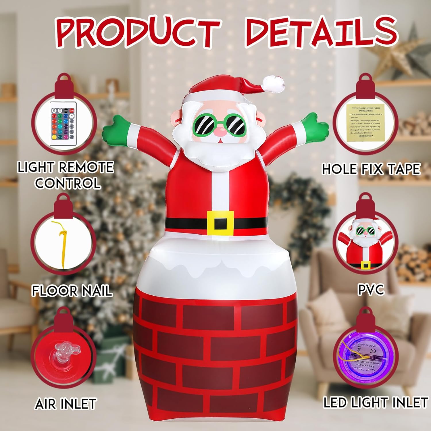 TOANEL Inflables de Navidad de PVC de 4.87 pies, decoraciones al aire libre, Papá Noel de pie en la chimenea LED, inflables inflables para