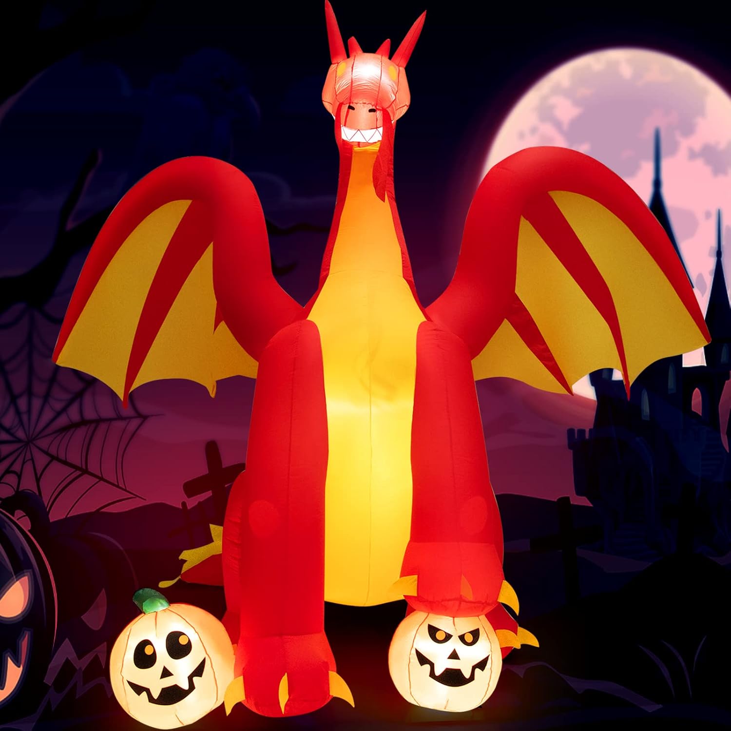 COSTWAY Dragón de fuego animado gigante inflable de 10 pies para decoración de Halloween al aire libre con luces