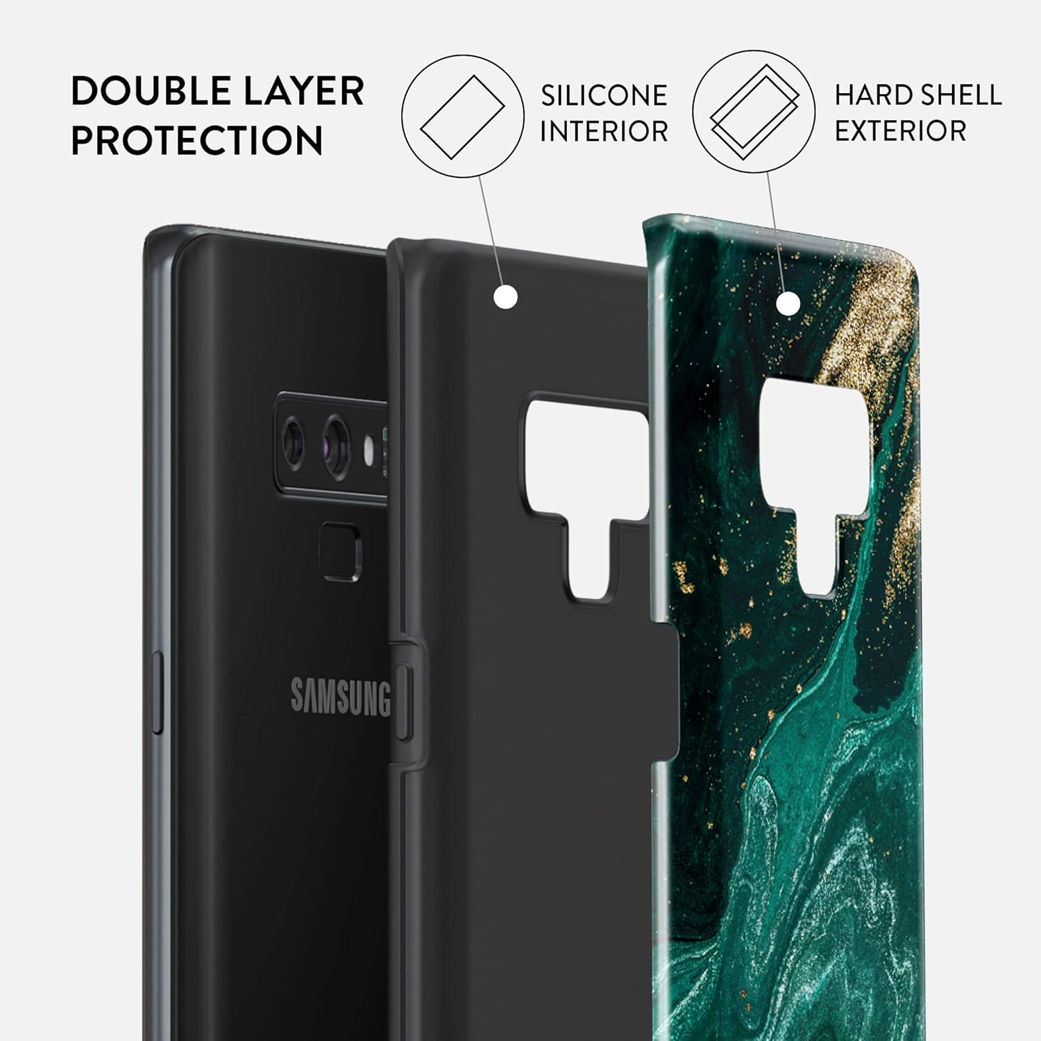 BURGA Funda para teléfono compatible con Samsung Galaxy Note 9  Carcasa rígida híbrida de 2 capas + funda protectora de silicona  Piedra de jade