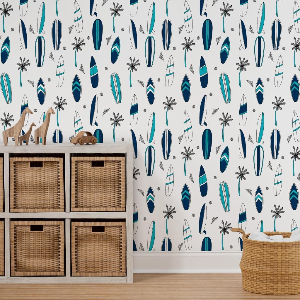 Spoonflower Papel tapiz autoadhesivo de 12 x 2 pies, para tabla de surf, tropical, verano, azul marino, blanco, playa, azul, papel tapiz extraíble