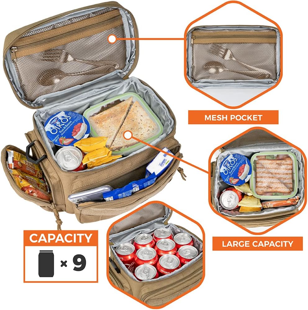 opux Lonchera táctica para hombres, bolsa de almuerzo aislada para hombres y adultos, hielera grande y suave con bolsillos laterales de malla Molle,