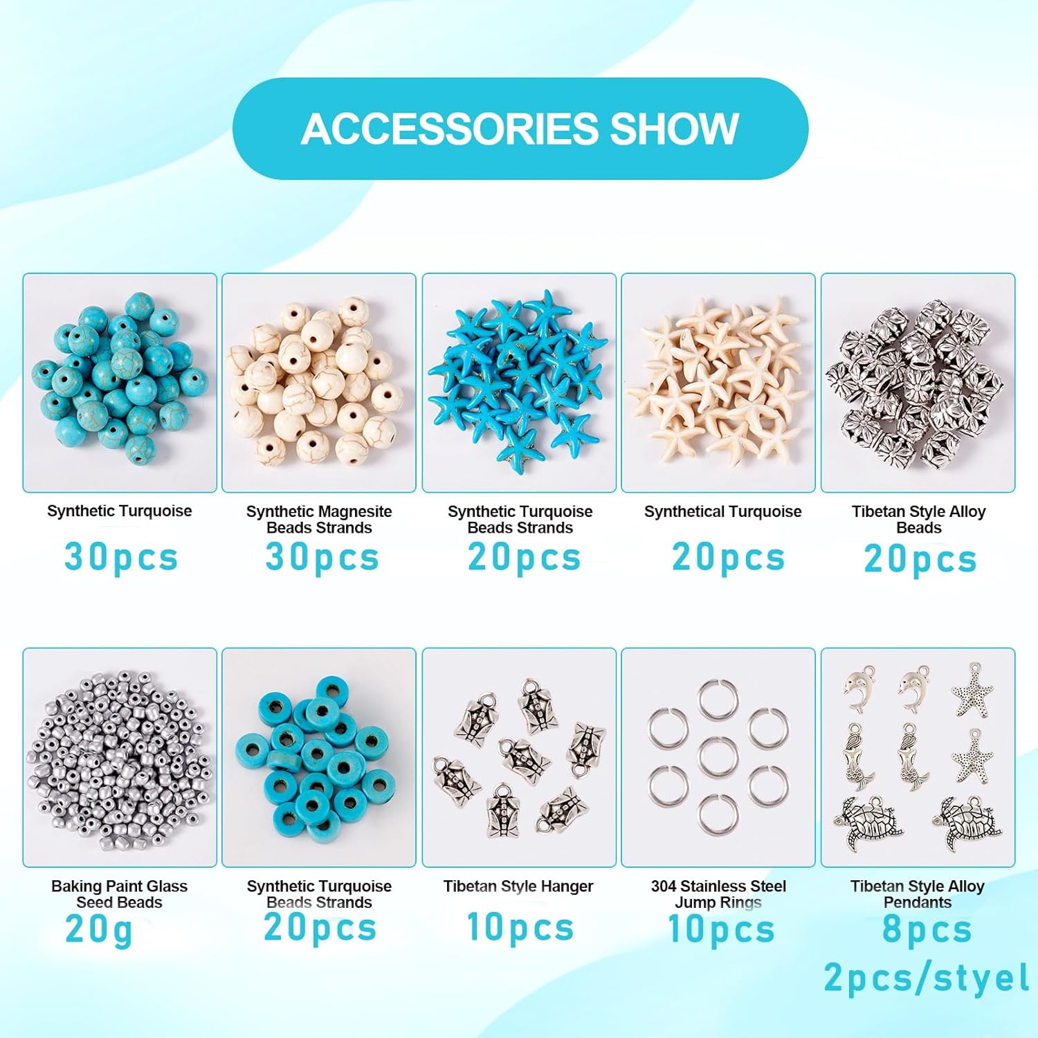 Beadthoven – Juego de 160 piezas de joyería con tema oceánico con cuentas de turquesa, estrella de mar, tortuga, delfín, sirena, colgantes,