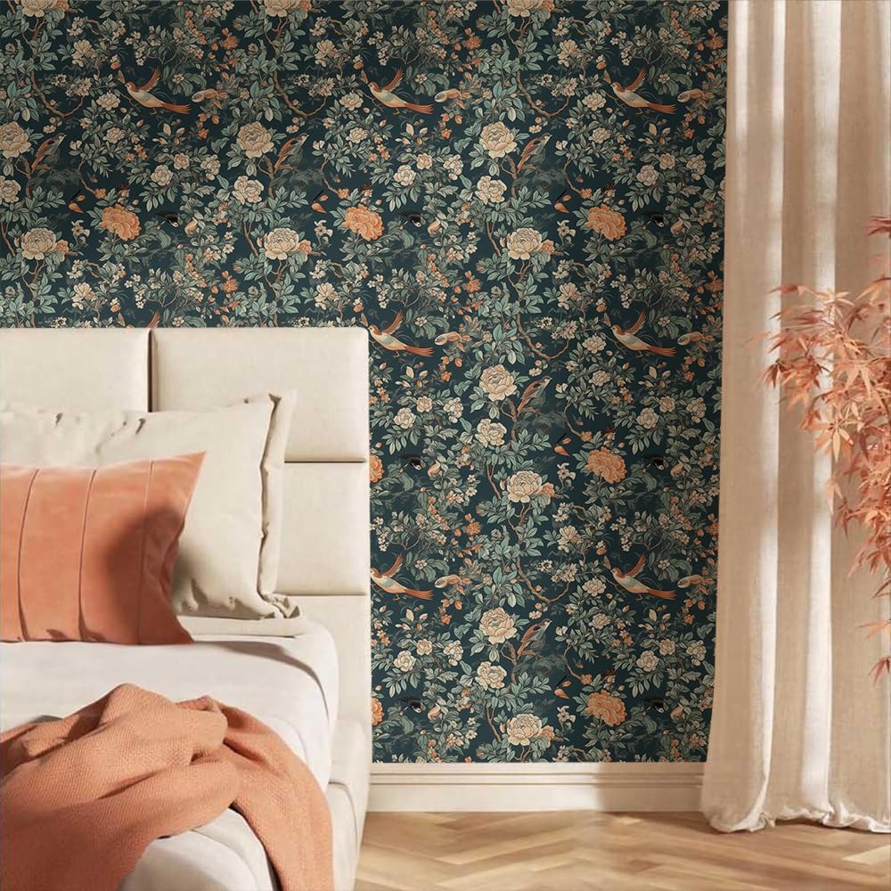 Papel tapiz autoadhesivo de 18 x 236 pulgadas, diseño floral de peonías verdes, bosque, floral, autoadhesivo, extraíble, fácil de despegar, para
