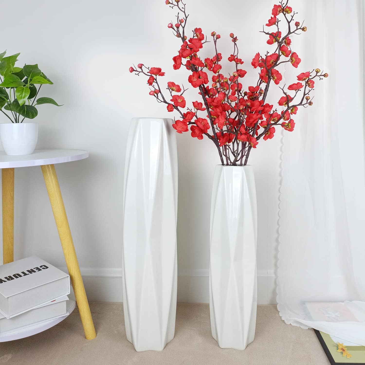 Jarrón grande de cerámica de 24 pulgadas de alto, jarrones blancos altos y modernos para oficina, hogar, granja, decoración de sala de estar, diseño