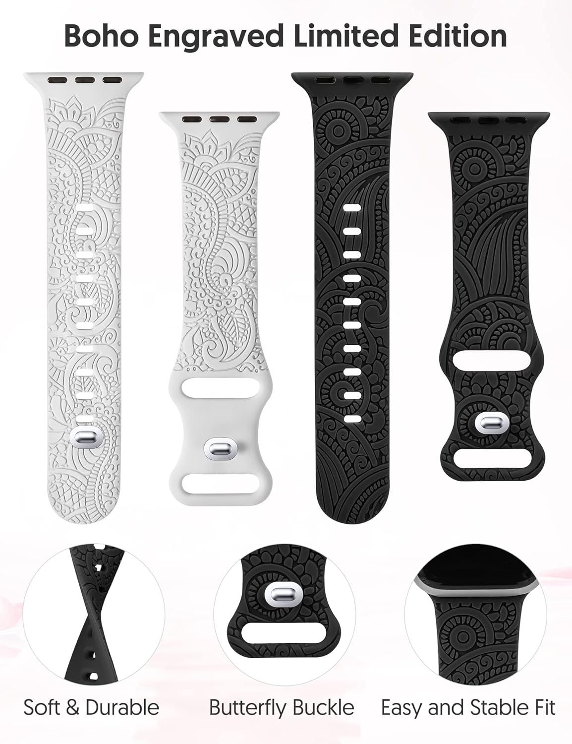 2 Packs Boho Engraved Bands Compatible with Apple Watch Bands 41mm 40mm 38mm 45mm 44mm 42mm 49mm Women Girls Men, Silicone Sport Fancy Dressy Cute