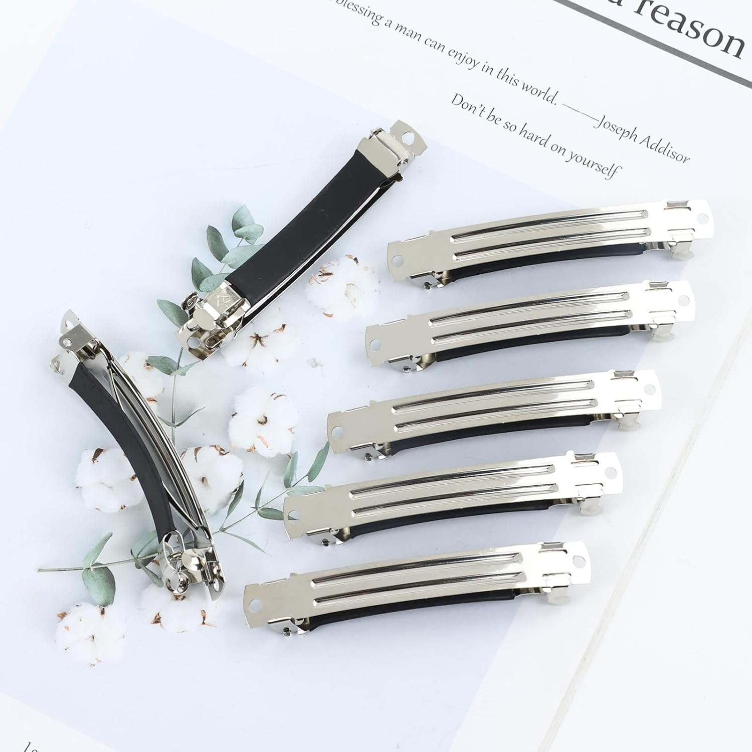 Cinaci Paquete de 20 pasadores de pelo franceses de metal plateado con cubierta de cuero negro, broches para el cabello para mujeres, niñas,