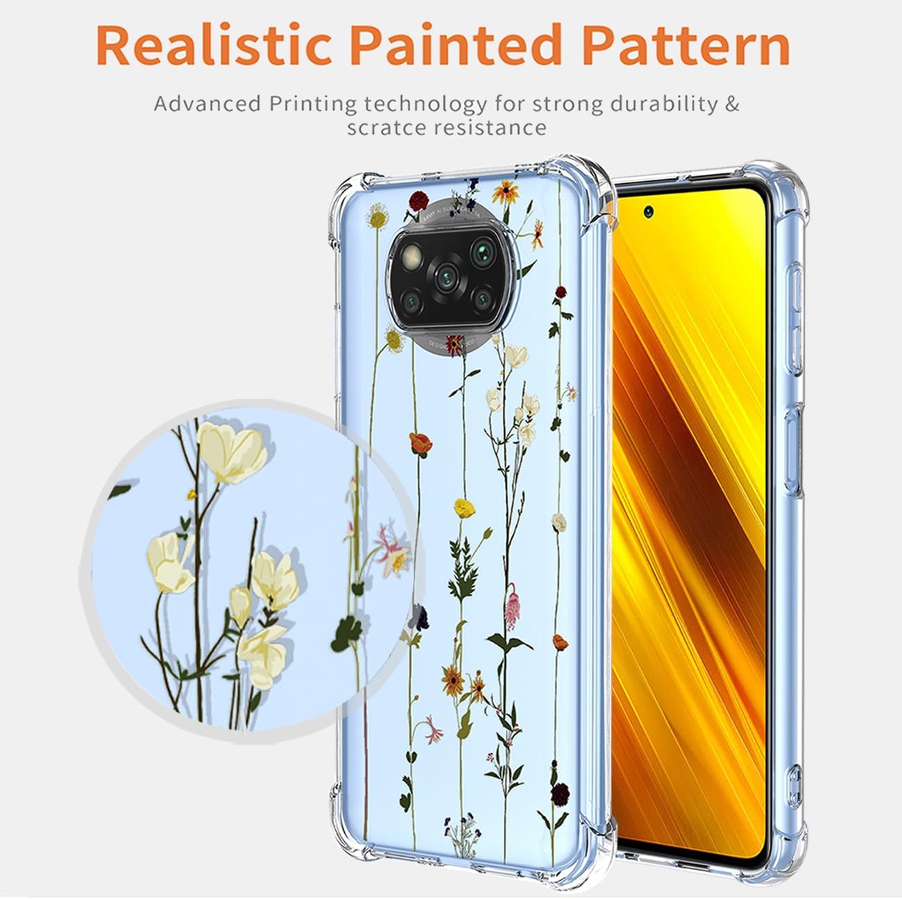 GTBDEKI Funda para teléfono Poco X3 NFCPoco X3 ProPoco X3, M2007J20CG con protector de pantalla, funda transparente con patrones de jardín de