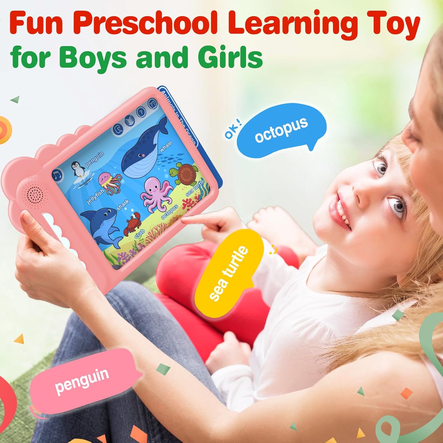 TALONITE Play & Learn Pad – Tarjetas didácticas parlantes juguetes de aprendizaje con 22 lecciones divertidas para niños y niñas, tableta educativa