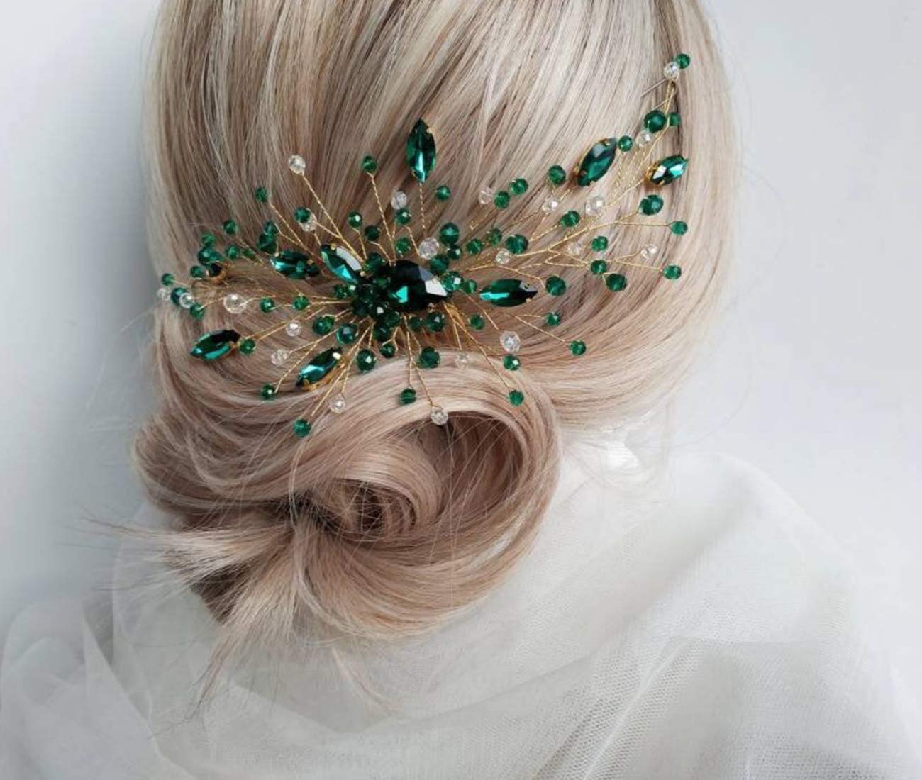 Peine para el cabello de cristal verde esmeralda para mujer, accesorio para el cabello de boda, pieza de pelo con diamantes de imitación, regalo