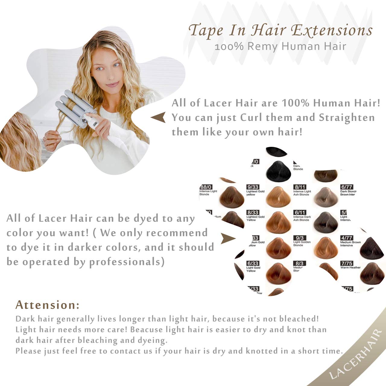 Lacer Extensiones de cabello rubio con cinta adhesiva de doble cara, trama de piel sin costuras, color marrón claro #8, balayage, rubio platino,