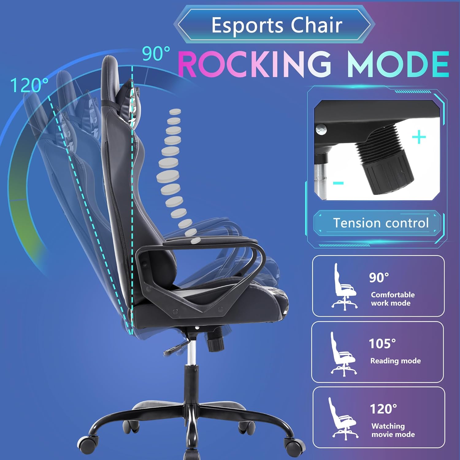 PayLessHere Silla ergonómica de escritorio de carreras, silla de computadora con reposabrazos, giratoria de 360 y ruedas de poliuretano, silla de