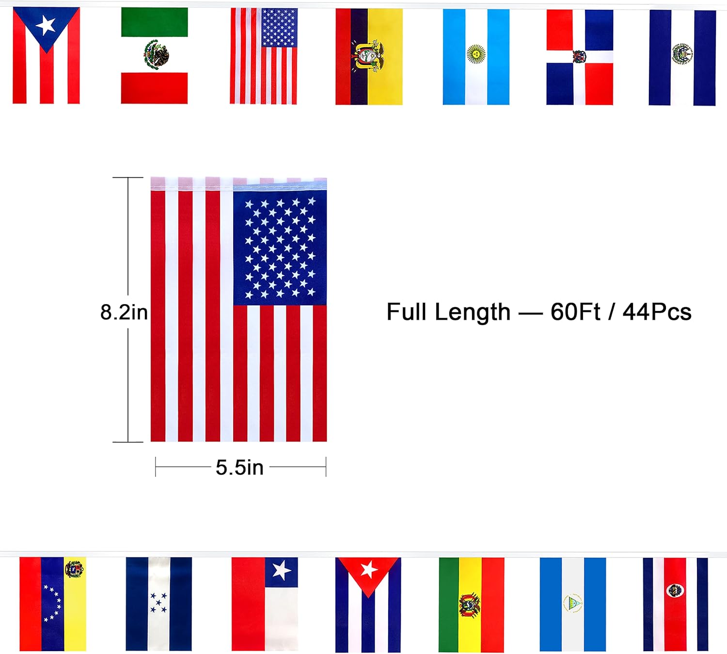 Juego de 22 banderas de habla hispana de 22 países, banderines latinoamericanos para decoraciones del mes hispano, 60 pies, 44 banderas