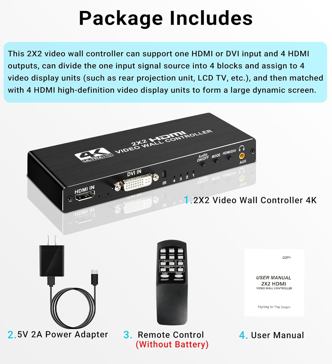 avedio links – Controlador de pared de video HDMI 2×2, procesador de pared de TV DVI HDMI 1080P a 60Hz con salida de audio, procesador de imagen de