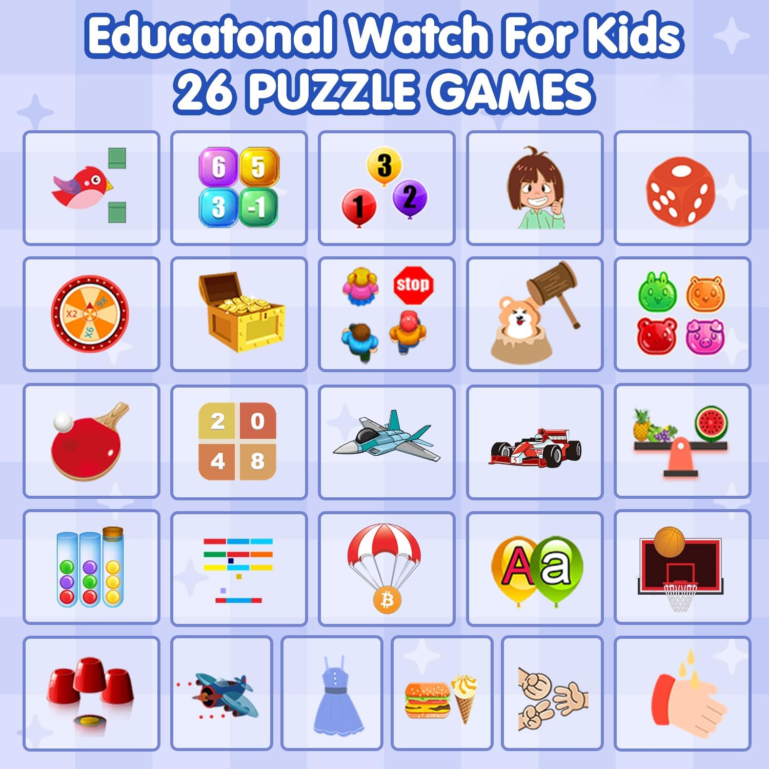 Wiszodet Reloj inteligente para niños, regalo de cumpleaños para niños de 4 a 12 años, reloj inteligente para niños con 26 juegos de rompecabezas,