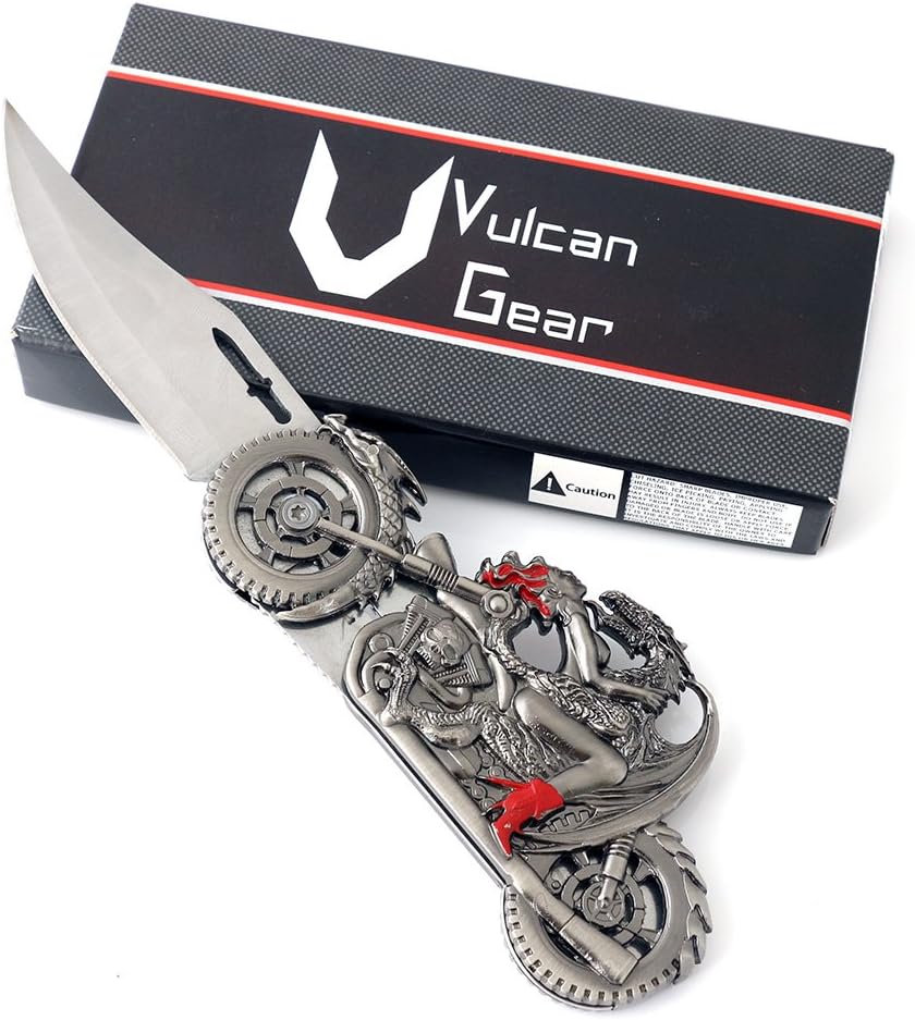 Dragon Riding with Naked Girl Chopper – Cuchillo plegable con mango de metal para motocicleta