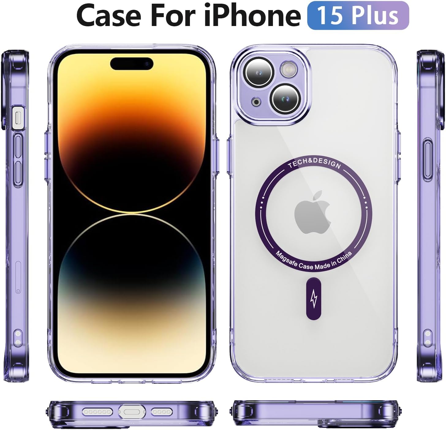 Funda para iPhone 15 Plus con protector de pantalla compatible con MagSafe Diseño transparente magnético Anti amarillamiento Antideslizante Bonita