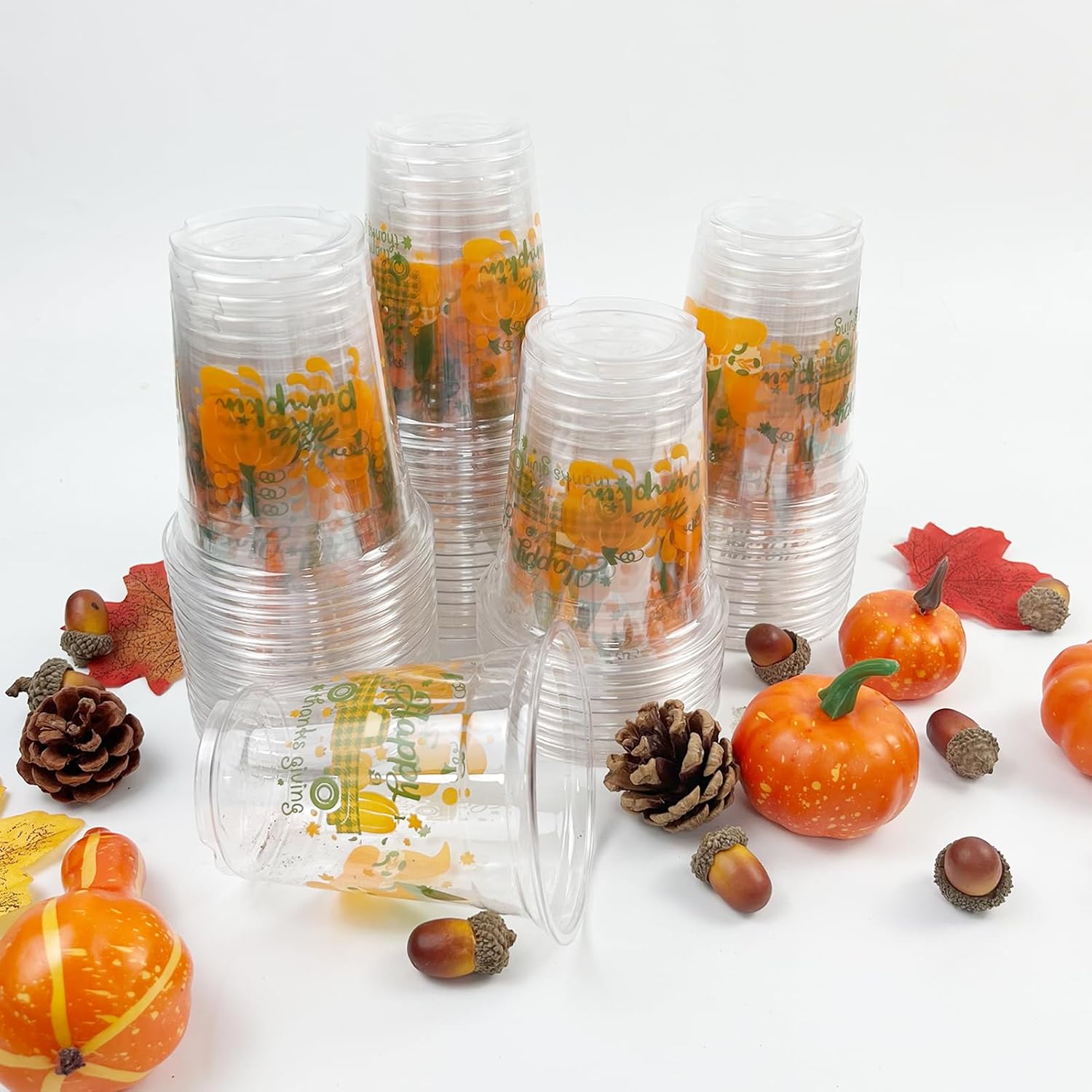 50 tazas de fiesta de otoño, 12 onzas, desechables de plástico transparente para Acción de Gracias, bebidas de cerveza, helado, aperitivos,