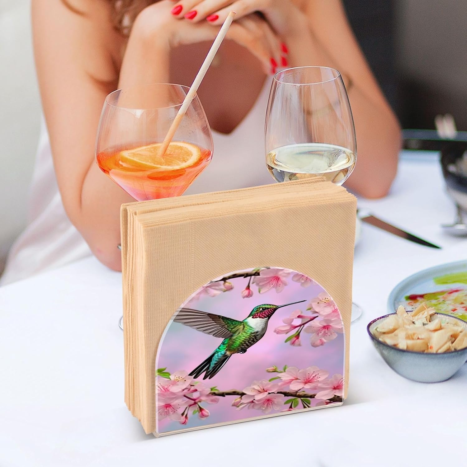 Servilleteros de colibrí y flor de cerezo para mesas, servilleteros de acrílico transparente, servilleteros de cóctel para cocina, restaurante, bar,