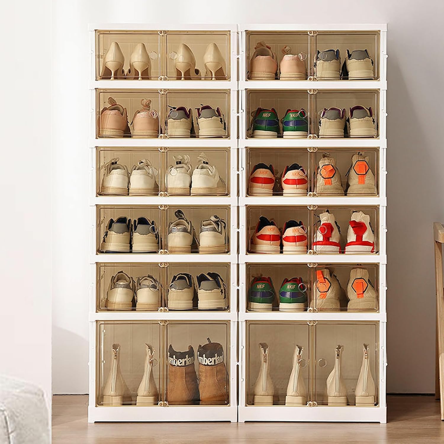 Organizador plegable para zapatos, almacenamiento de zapatos apilable de 6 niveles con puerta transparente magnética, organizador grande de plástico