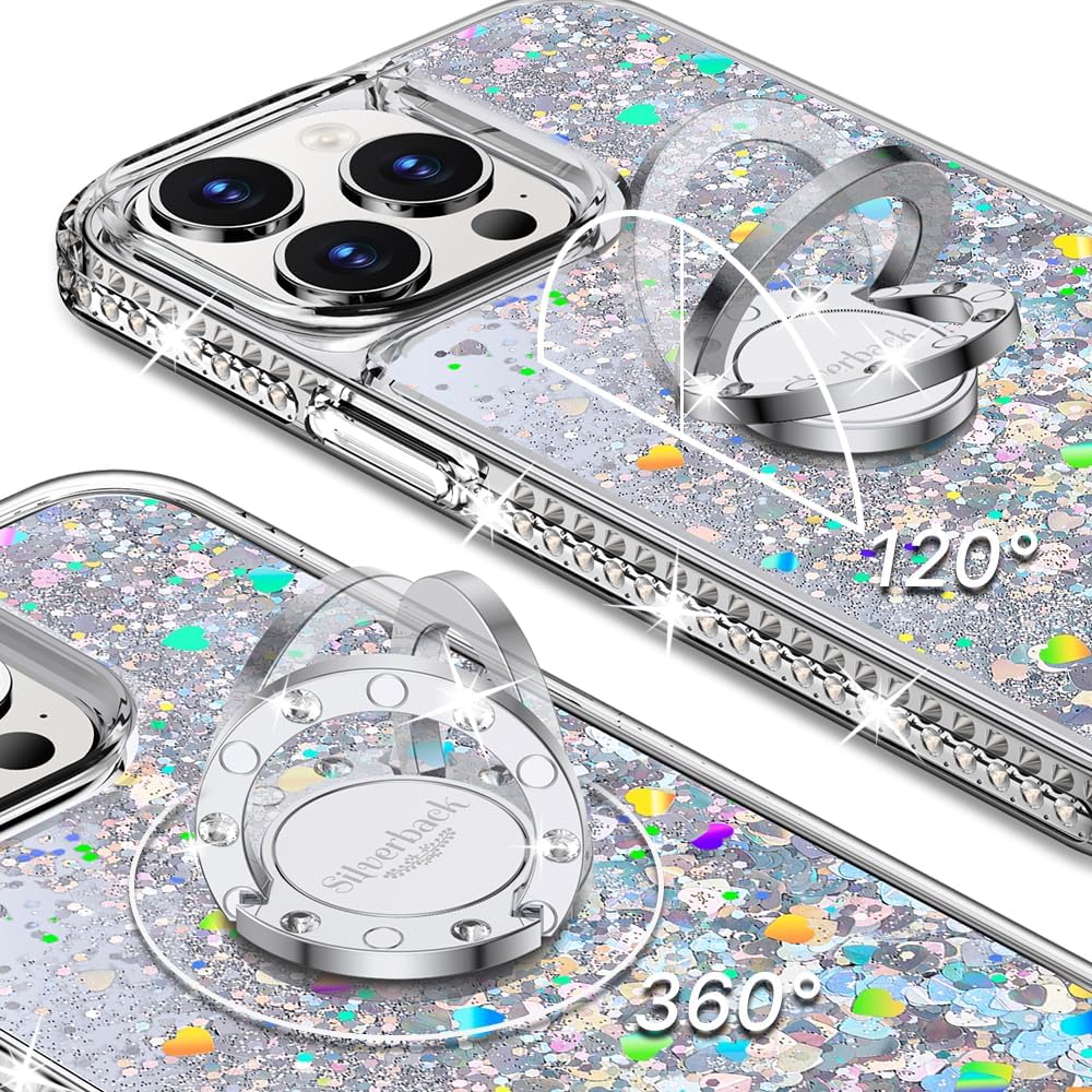 Silverback Funda para iPhone 15 Pro Max, funda con purpurina holográfica líquida en movimiento con soporte, para niñas y mujeres, funda protectora