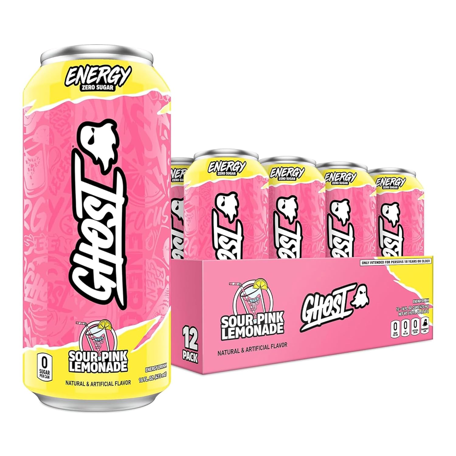 GHOST ENERGY – Bebida energética sin azúcar, paquete de 12, limonada rosa agria, latas de 16 onzas, energía y enfoque y sin colores artificiales,