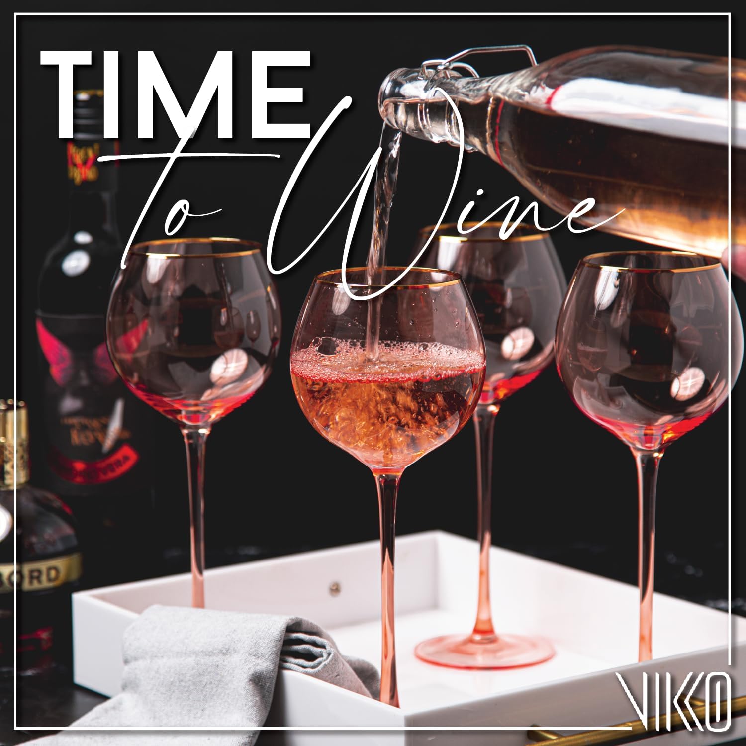 Vikko Copas de vino, copa de vino coral de 17 onzas con borde dorado, juego de 4 copas de vino con tallo para vino tinto y blanco, copas de vino de