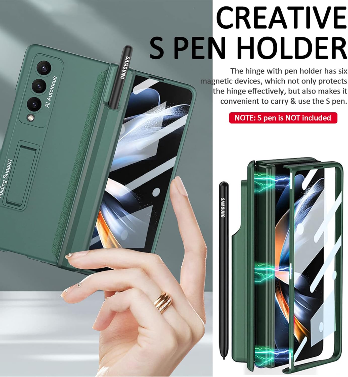 Miimall Funda compatible con Samsung Fold 3 con soporte para bolígrafo S, protector de pantalla integrado, protección magnética de bisagra, soporte