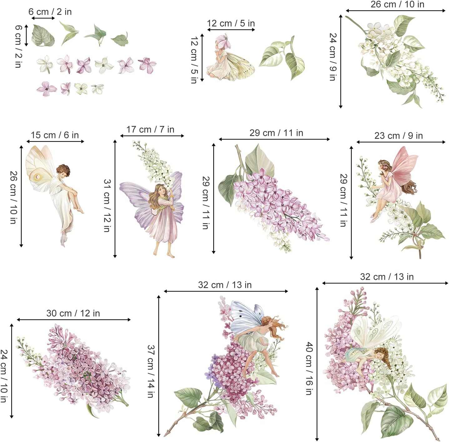 wondever Calcomanías de pared de flores lilas moradas y blancas, diseño de elfo floral de hadas, calcomanías de arte de pared para dormitorio de