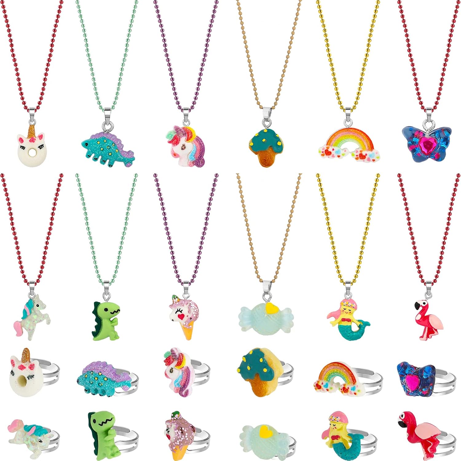 SOTOGO Juego de 24 collares y anillos para niñas, regalo colorido, recuerdos de fiesta, amistad, juego de disfraces, joyería para niños pequeños,