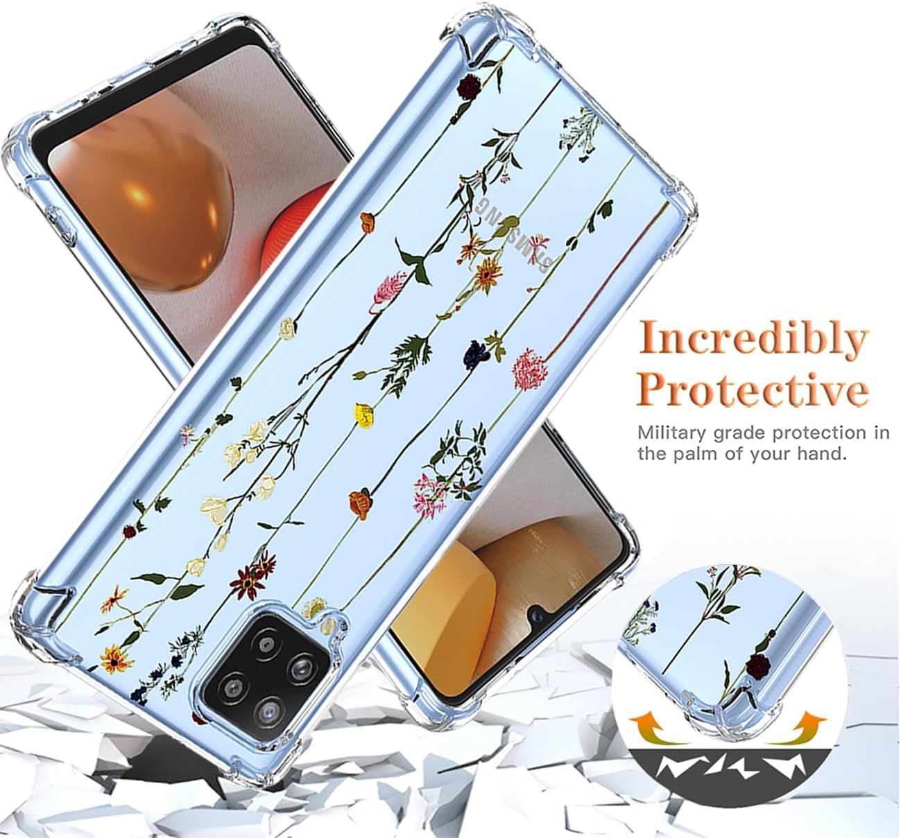 Funda para Galaxy A42 5G, Samsung M42 5G SM-A426 con protector de pantalla, funda transparente con patrones de jardín de flores, funda protectora