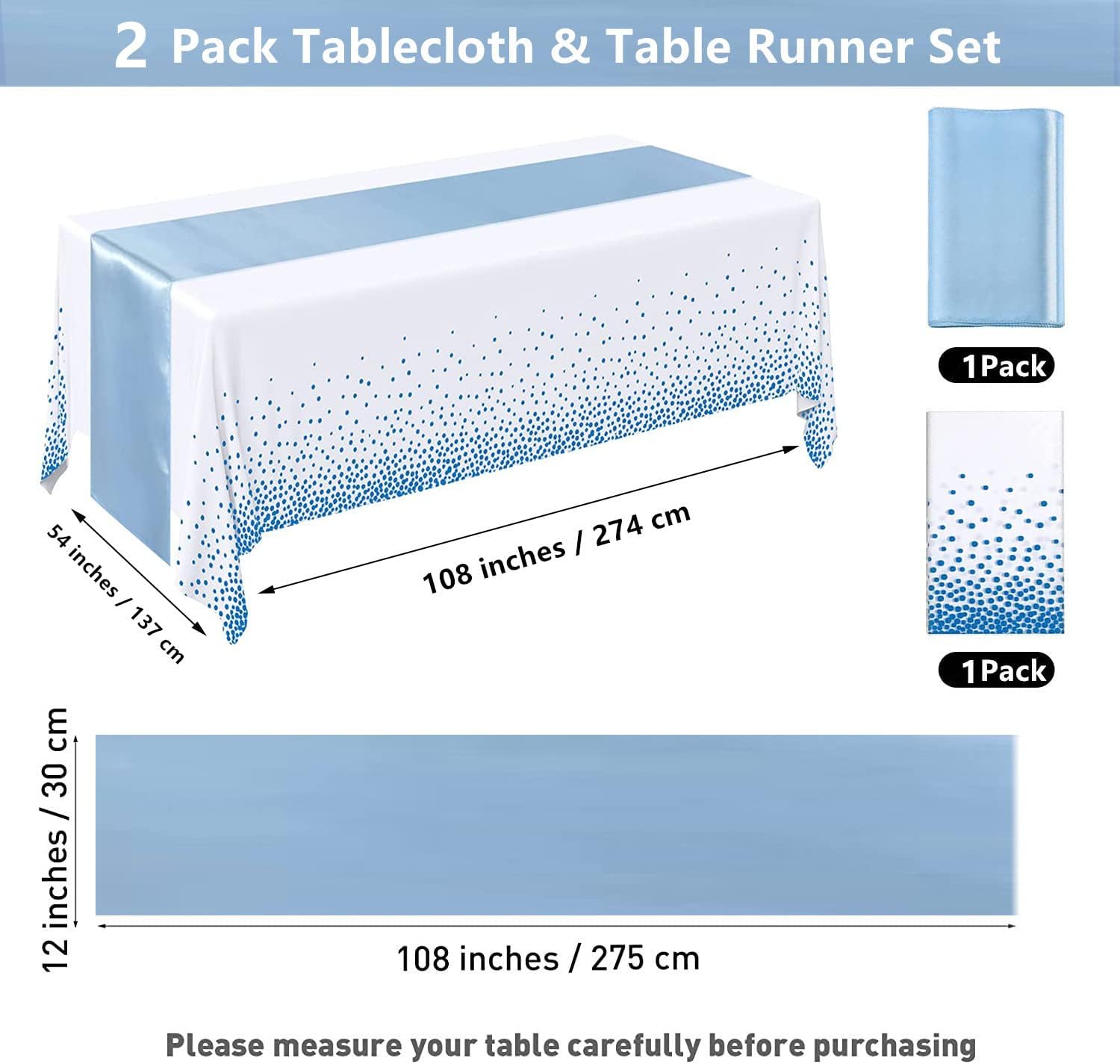 Paquete de 2 manteles desechables de plástico rectangulares de plástico de 54 x 108 pulgadas con 12 x 108 pulgadas, camino de mesa de satén para
