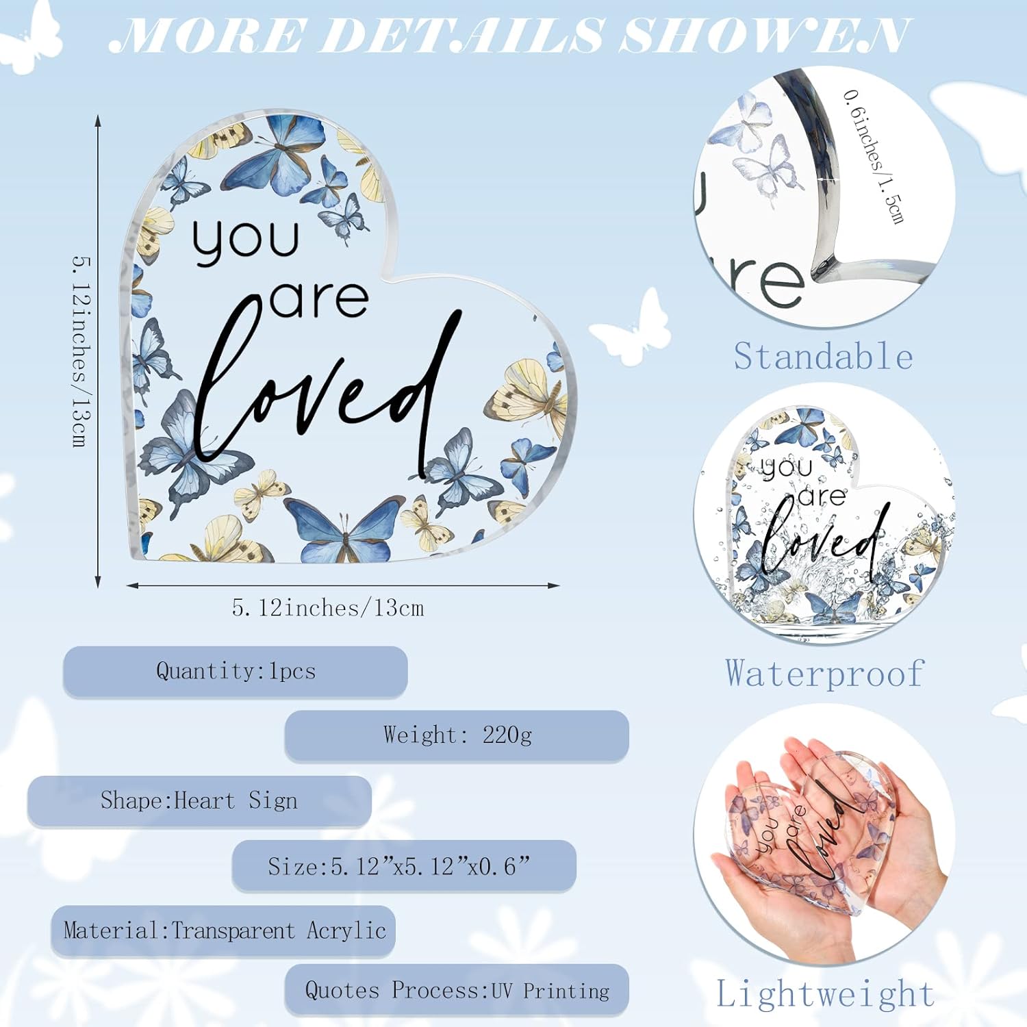 Yulejo Regalo de San Valentín con texto en inglés “You Are Loved”, decoración de acrílico en forma de corazón con mariposas rústicas, mesa de