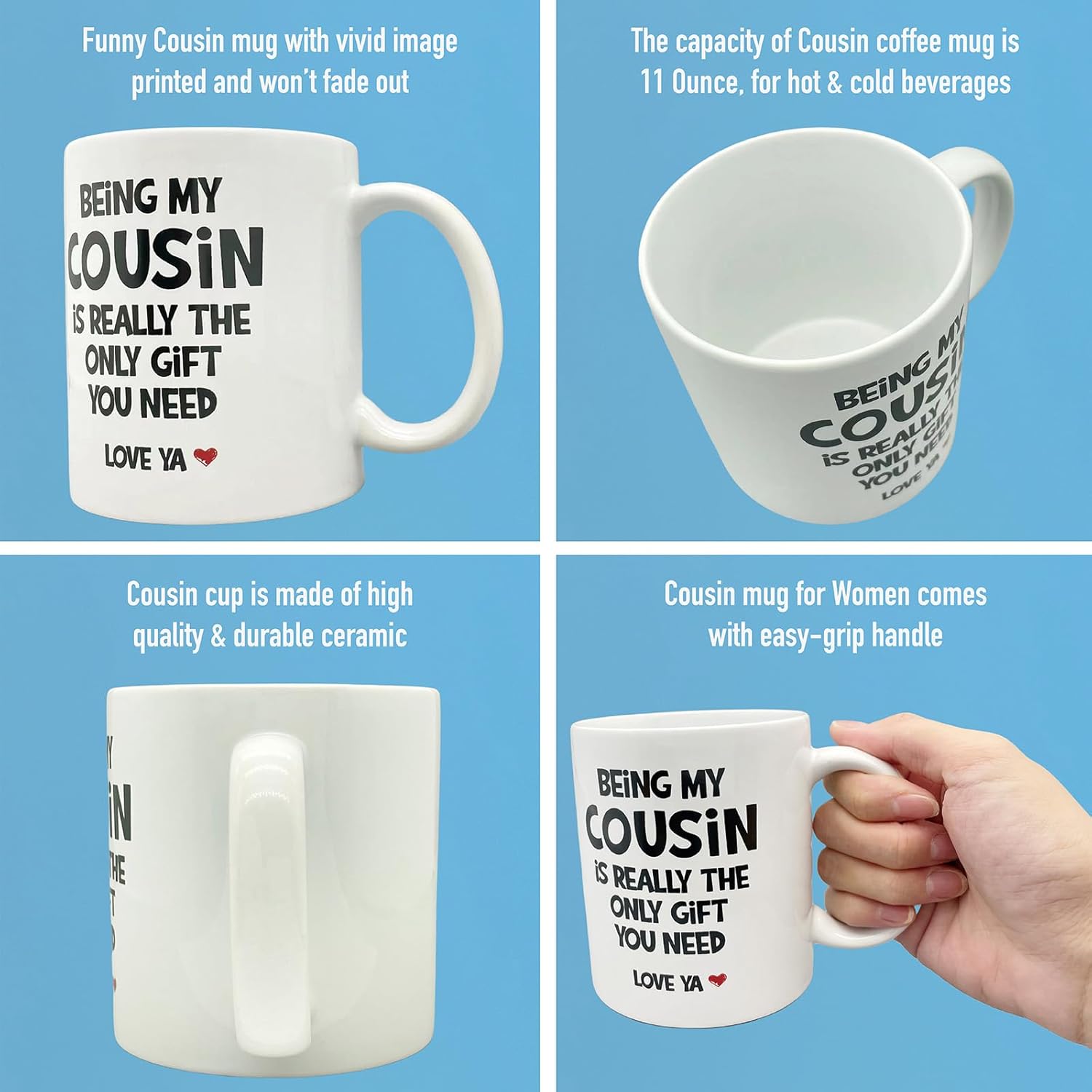 Divertido regalo para primas para mujer, taza de cerámica de 11 onzas, llavero para prima, regalo de cumpleaños para prima, taza de primo favorito,