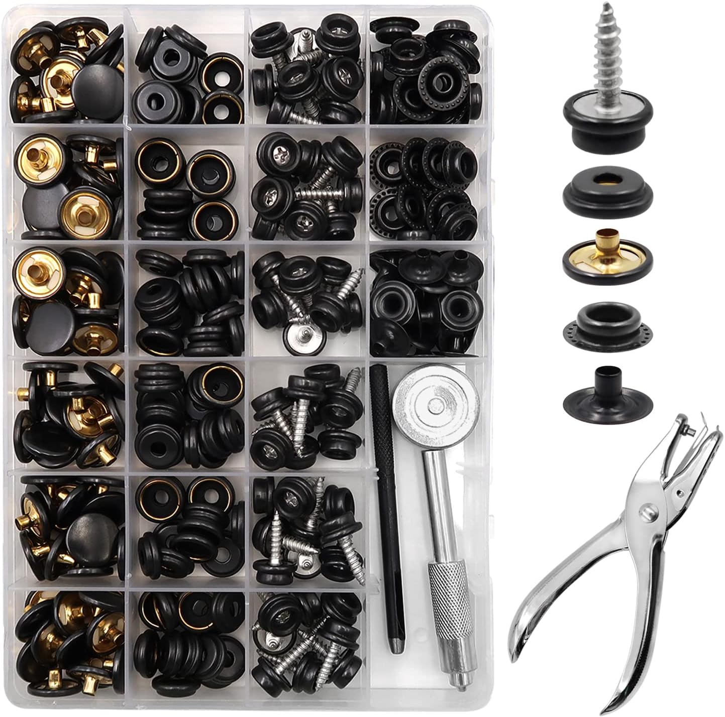 Kit de 274 piezas de tornillos de metal a presión de acero inoxidable de grado marino, botones a presión con punzón de agujero y herramientas de