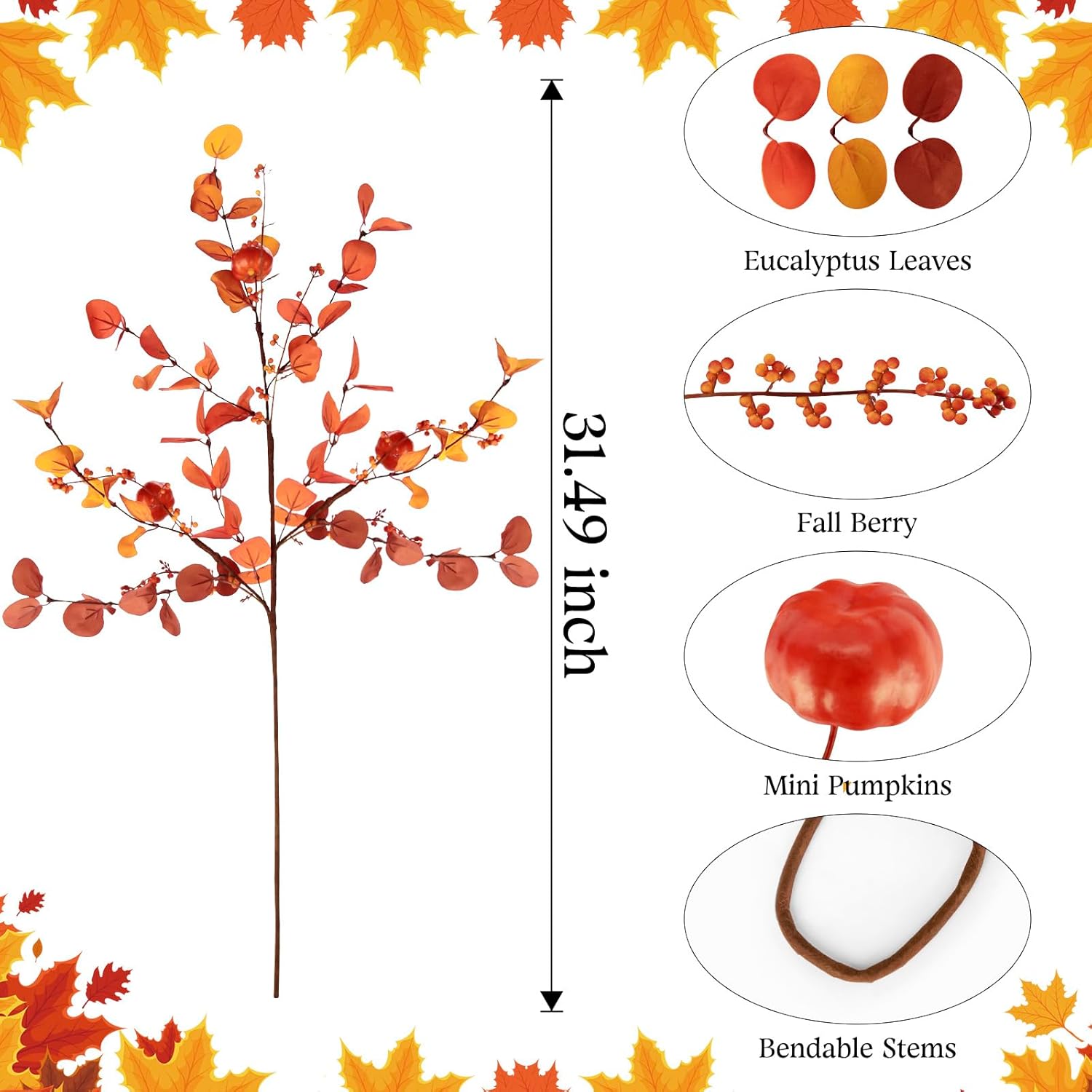ultimatumX 6 tallos de otoño para jarrones, tallos artificiales de bayas de calabaza para otoño, decoración de interiores y exteriores, tallo de