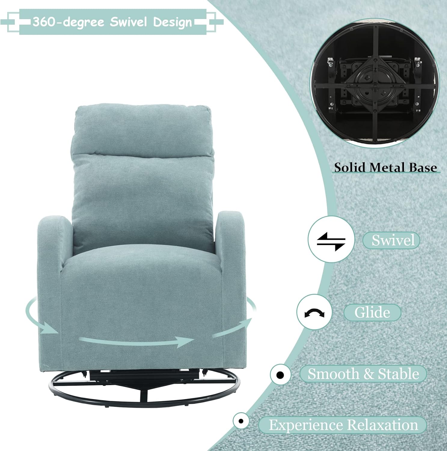 Kurhwyss Silla giratoria para guardería, moderna silla mecedora con respaldo alto y bolsillo de almacenamiento, mecedora tapizada con base de metal