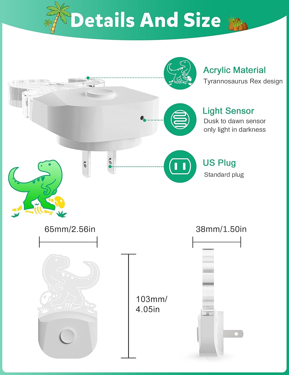 Luz nocturna de dinosaurio para niños 2 unidades, 8 colores cambiantes de luz nocturna para niños, luz nocturna de bebé con sensor de atardecer a