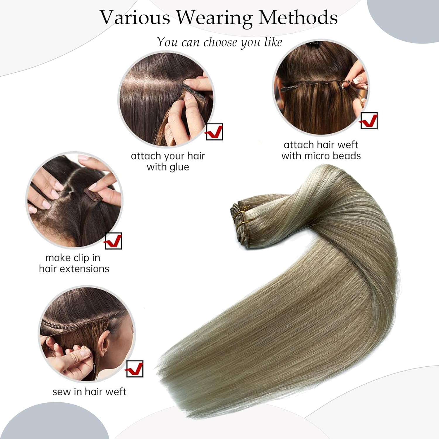 Extensiones de cabello humano real, 20 pulgadas, 3.53 oz, extensiones de cabello humano con balayage rubio ceniza a rubio, atadas a mano,