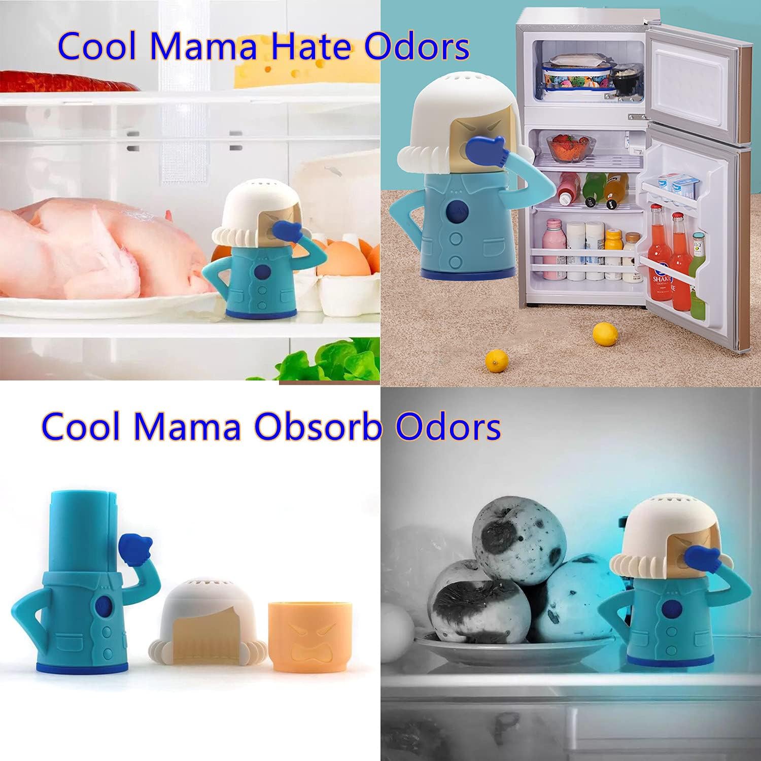 Removedor de olores para nevera, Cool Mama, Chilly Mama, removedor de olores para congelador, solo tienes que añadir bicarbonato de sodio,