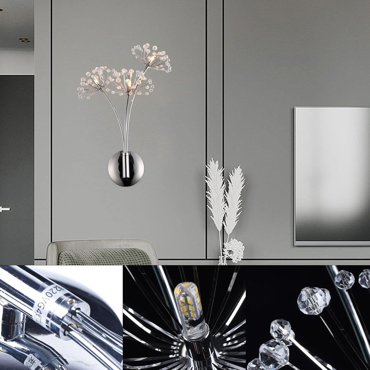 HAOREBAIYU Aplique de pared LED de cristal, lámpara de pared moderna de diente de león de 3 luces, lámpara de pared para dormitorio, mesita de